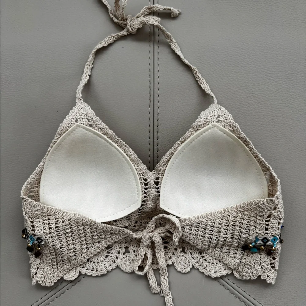 Handmade Summer Knit Halter Crop Top with Tasseled Beads - Picture 4 of 5